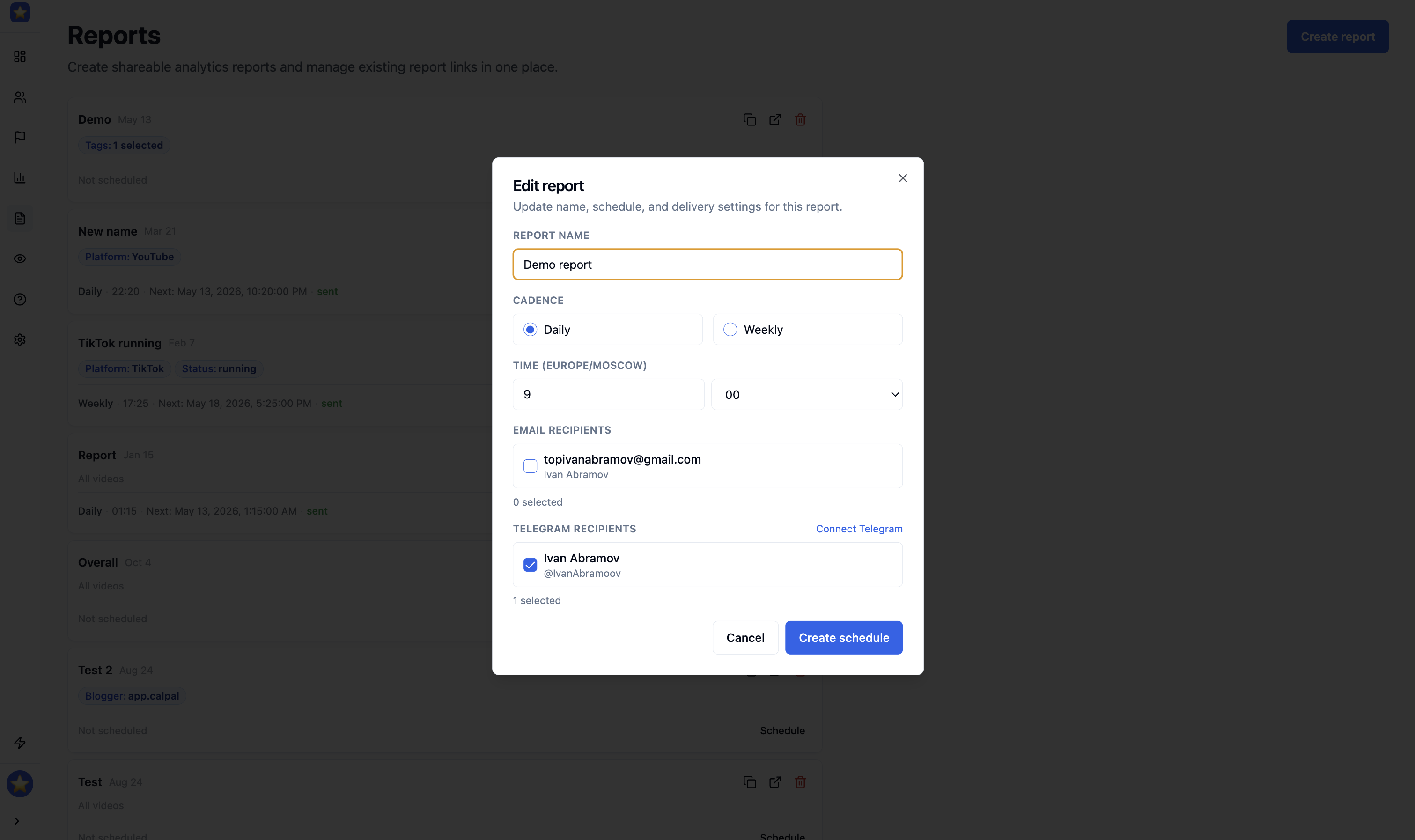 Planen Sie Berichtversand an Telegram. Alle Daten sind live